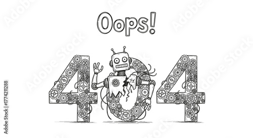 Whimsical Robot Integrated with Gear-Themed "Oops! 404" Page Not Found Error Illustration