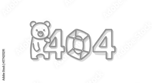 Sketchy Style Bear Leaning on 404 Page Not Found Error Message Line Art Illustration