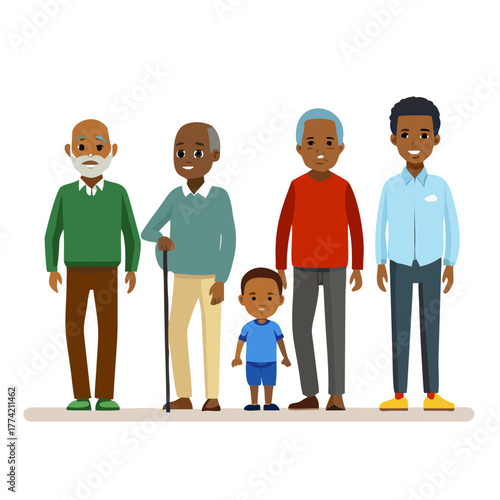 African man of different life stages cartoon characters. Baby, child, teenager, adult, mature and old persons vector illustration isolated