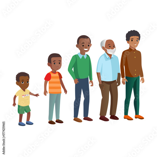 African man of different life stages cartoon characters. Baby, child, teenager, adult, mature and old persons vector illustration isolated