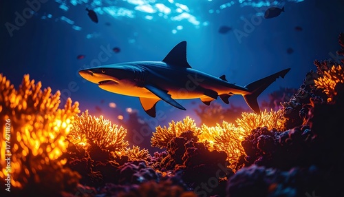 Fototapeta Naklejka Na Ścianę i Meble -  Shark silhouette glides above vibrant coral reef illuminated by aquatic light