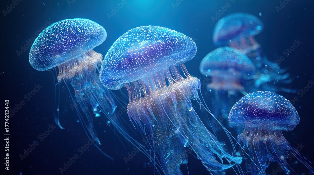 Fototapeta premium Vibrant blue jellyfish swimming in deep ocean water with glowing effect