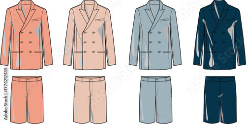 Fashion illustration of tailored double-breasted suits with matching shorts in four distinct colorways for stylish apparel design concepts