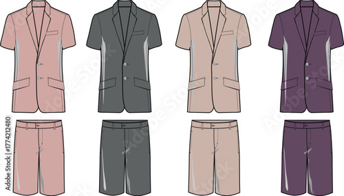 Set of men's casual summer short suits with short-sleeved blazers and matching shorts. Vector flat sketch fashion design template