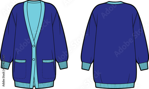 Blue cardigan flat sketch, technical fashion drawing, apparel design template, front and back view, ribbed cuffs, patch pockets, contrast trim illustration