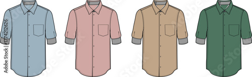 Illustration of colored button-down shirts with rolled-up sleeves, perfect for casual wear