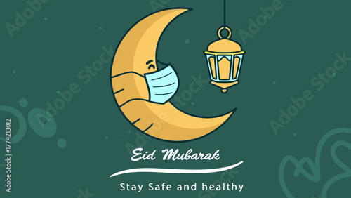 Eid mubarak crescent moon wearing mask with lantern and safety message