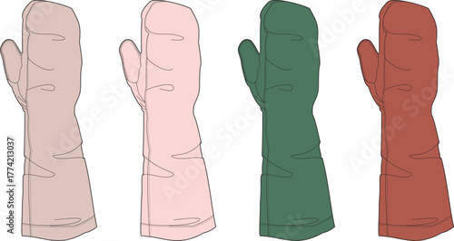A set of four different colored oven mitts, illustrated in a simple, clean style for kitchen use