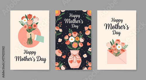 Happy Mother's Day Floral Illustration Set - Soft Flat Vector Cards & Pattern