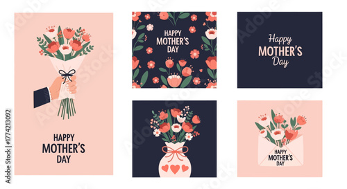 Happy Mother's Day Floral Illustration Set - Soft Flat Vector Cards & Pattern