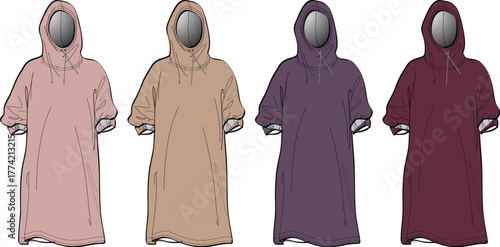 Collection of fashion technical sketches featuring a unisex oversized hooded poncho. Clothing template vector illustration in various colors