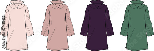 Four stylish hooded tunic dress variations in pastel shades, perfect for casual wear and fashion design