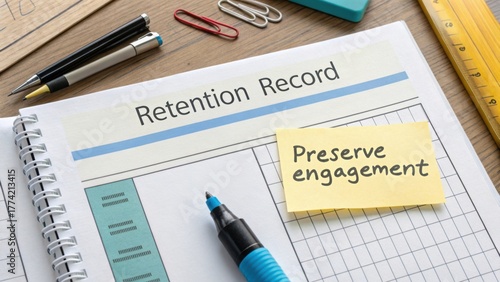 Detailed Retention Record Notebook with Colorful Stationery, Highlighter, and Paper Clips on a Wooden Desk Surface