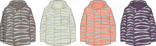 Collection of women's anorak jackets with an abstract wavy stripe pattern. Technical flat drawing templates in multiple colorways for fashion mockups and apparel design