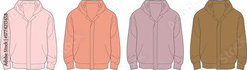 Vector illustration set of women's hooded jackets with wavy stripes. Technical flat apparel templates in various color palettes for fashion design