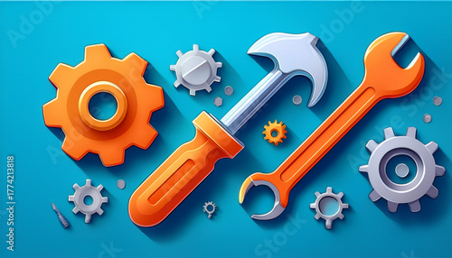 Flat vector set of tools and service icons including wrench, screwdriver, and gear for repair or settings design.