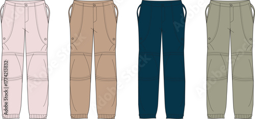 Collection of Technical Flat Sketches for Women's Convertible Cargo Pants in Various Earth Tones and Pink, Showcasing Versatile Outdoor Apparel Design