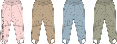 Vector illustration of women's stirrup pants in various colors. Comfortable athletic or casual trousers with an elastic foot strap design
