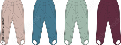 Collection of four different colored stirrup pants, showcasing a variety of fashionable apparel options for any wardrobe