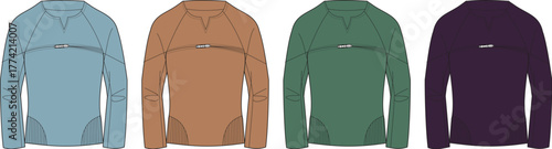 Four versatile long-sleeve athletic shirts in distinct colors, perfect for sports, outdoor activities, and everyday comfort, featuring a practical quarter-zip design