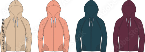 Four hooded sweatshirts in different colors and designs, each presented as a flat lay fashion illustration