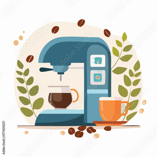 コーヒーマシンと朝のリラックスタイムベクター