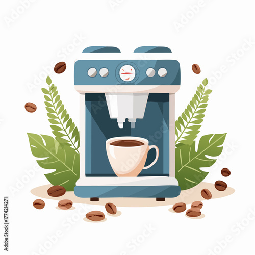 コーヒーマシンと朝のリラックスタイムベクター