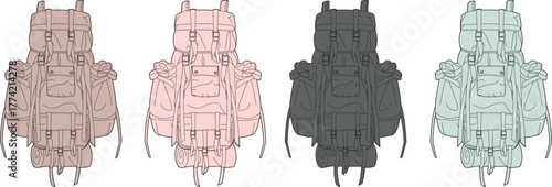 Illustrative set of adventure backpacks in soft pastel and earthy tones, ideal for hiking, camping, and travel, showcasing diverse outdoor gear designs