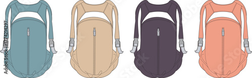 A collection of minimalist backpack designs in four different muted colors. Vector illustration of stylish rucksacks for travel, school, or daily use