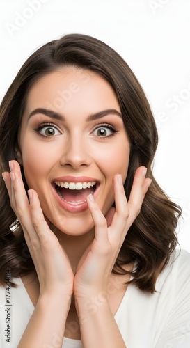 A woman with long brown hair, wearing a white top, is smiling widely with her hands on her face, against a white background.