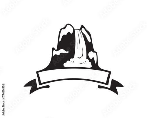 A stylized waterfall cascading down a mountain, with a blank banner below for text.