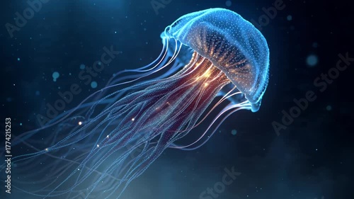 Bioluminescent jellyfish glowing underwater in deep ocean