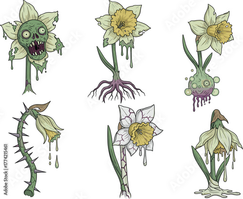 Creepy zombie daffodil flower vector illustration set, horror plant collection, spooky undead floral art, dripping toxic petals, dark fantasy botanical design elements