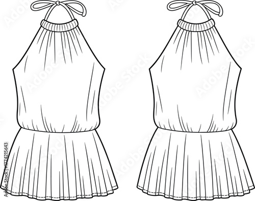 Halter dress flat sketch, technical fashion drawing, apparel design template, front and back view, sleeveless, tie straps, fitted bodice, pleated flared skirt illustration