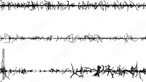 set of barbed wire frame, a black and white image of a tree with branches, barbed wire background with black and white lines, a set of four different sound waves, 