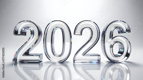 2026 year illustration rendered with transparent glass 3D numbers on a reflective surface representing future events