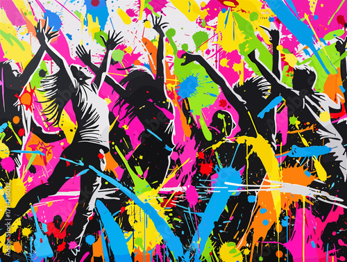 ポップアート風ストリート壁画で音楽に合わせて跳ねる楽しげな観客