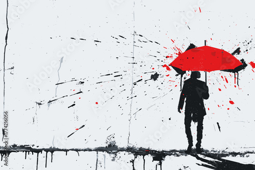 赤い傘の下を歩く人物のステンシル風グラフィティアート
