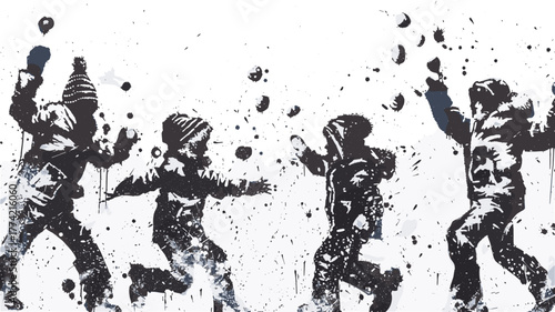 雪合戦を楽しむ子どもたちのステンシルアート