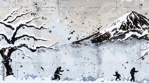 雪の中で遊ぶ子供たちのストリートアート風壁画と山の風景