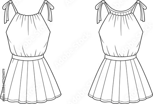 Halter dress flat sketch, technical fashion drawing, apparel design template, front view, sleeveless, tie straps, fitted bodice, pleated flared skirt illustration