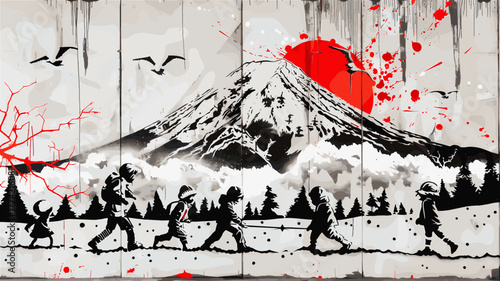 雪の中で遊ぶ子どもたちのストリートアート風壁画