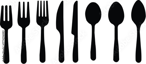 Spoon, knife, fork icon set, Dining silverware Silhouette, cutlery, Vector illustration.