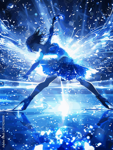 アニメ風女性フィギュアスケーターの氷上スピンパフォーマンス