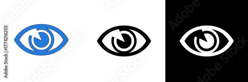 A flat vector design of an eye with a blue iris, symbolizing vision, awareness, and observation. Includes color, black, and white versions for universal application.