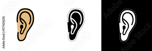 A simple flat vector of a human ear representing hearing or sound awareness. Displayed in color, black, and white versions for accessibility and communication themes.