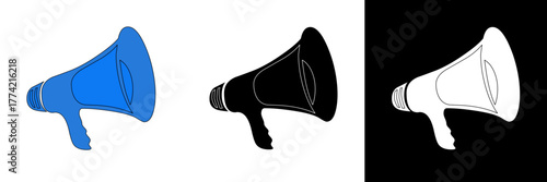 A bold blue megaphone illustration representing announcements, communication, and promotion. Available in color, black, and white styles suitable for marketing or event visuals