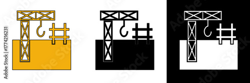 Industrial crane illustration with hook and building base. Perfect for construction themes, engineering sites, or project infographics.