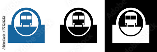 Minimalist bus station icon in blue, black, and white versions. Perfect for transport apps, public transit maps, or navigation system design.