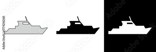 Simple gray ship vector icon, viewed from the side. Nautical, transportation, and travel concept. Provided in color, black, and white for design versatility.